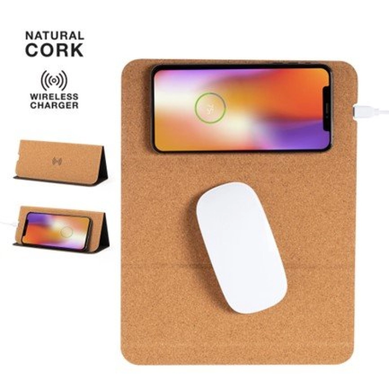 Mouse Pad con Cargador Inalambrico 10W, elaborado en Corcho, 26.5 x 20.5 cmts