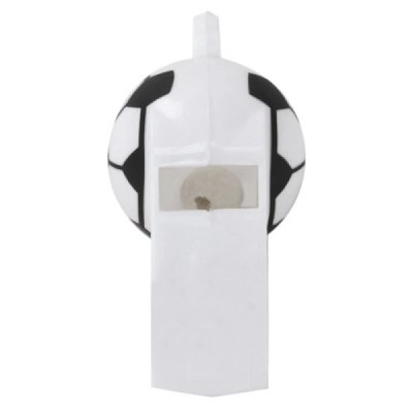 Pito plastico Collina, con cordon. Tamaño 5 x 1.8 cmts. Color blanco con diseño de futbol.