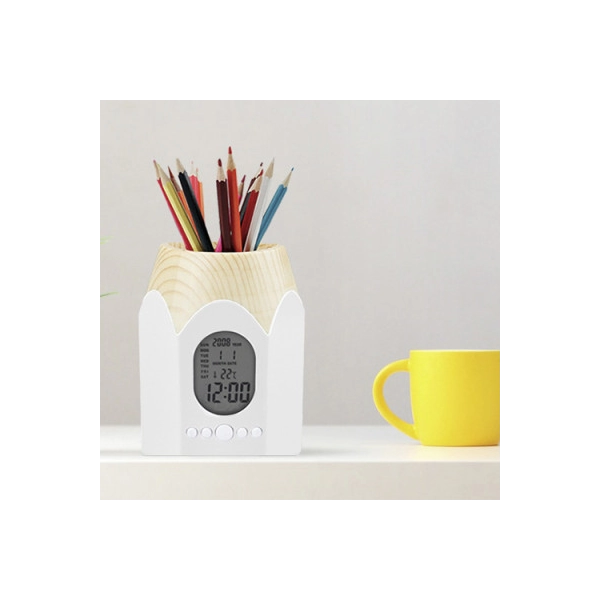 Portalápiz Magic, de 10 x 7.5 cmts, con reloj digital de luz azul y calendario